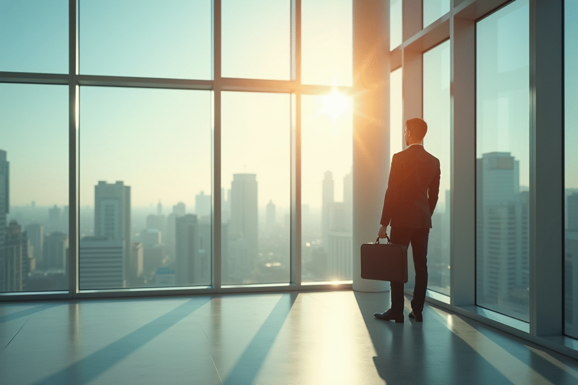 Jeune professionnel dans un bureau moderne avec vue sur la ville