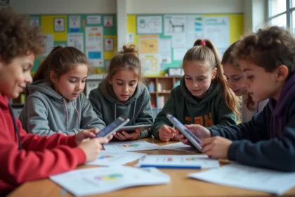 Groupe de collégiens français autour d'une table en classe