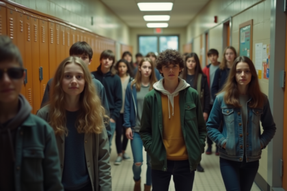 Groupe de lycéens français dans un couloir scolaire authentique