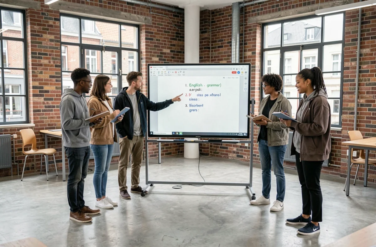 Groupe d'étudiants adultes interagissant avec un tableau numérique interactif dans les locaux modernes de l'école Kann à Nantes