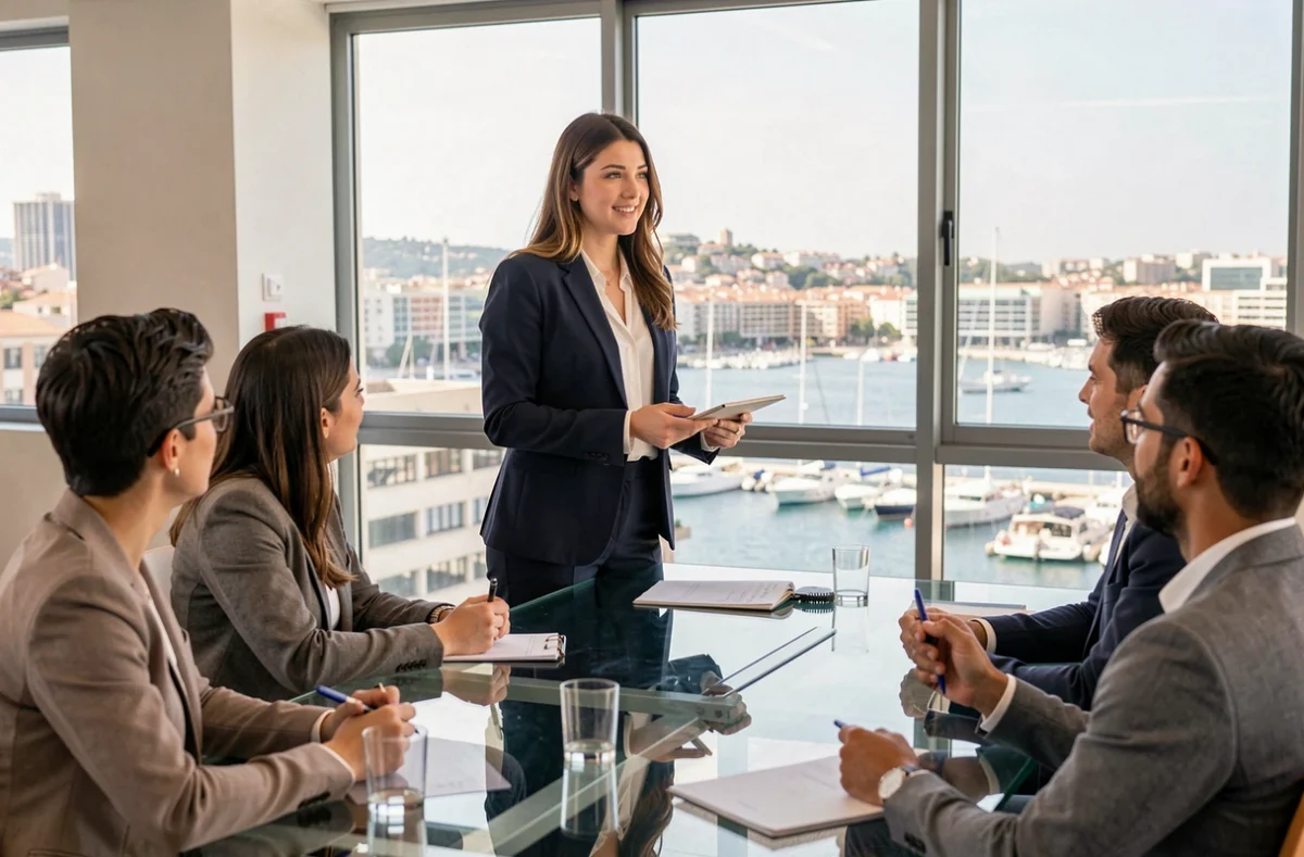 Étudiante de KEDGE Business School présentant une stratégie commerciale dans une salle de séminaire moderne avec vue sur le port de Marseille