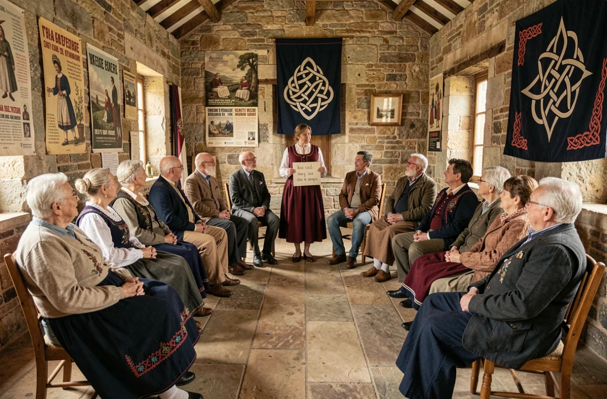 Atelier de langue bretonne animé par Kevre Breizh dans une salle communautaire, participants en tenue traditionnelle et contemporaine apprenant le breton en cercle
