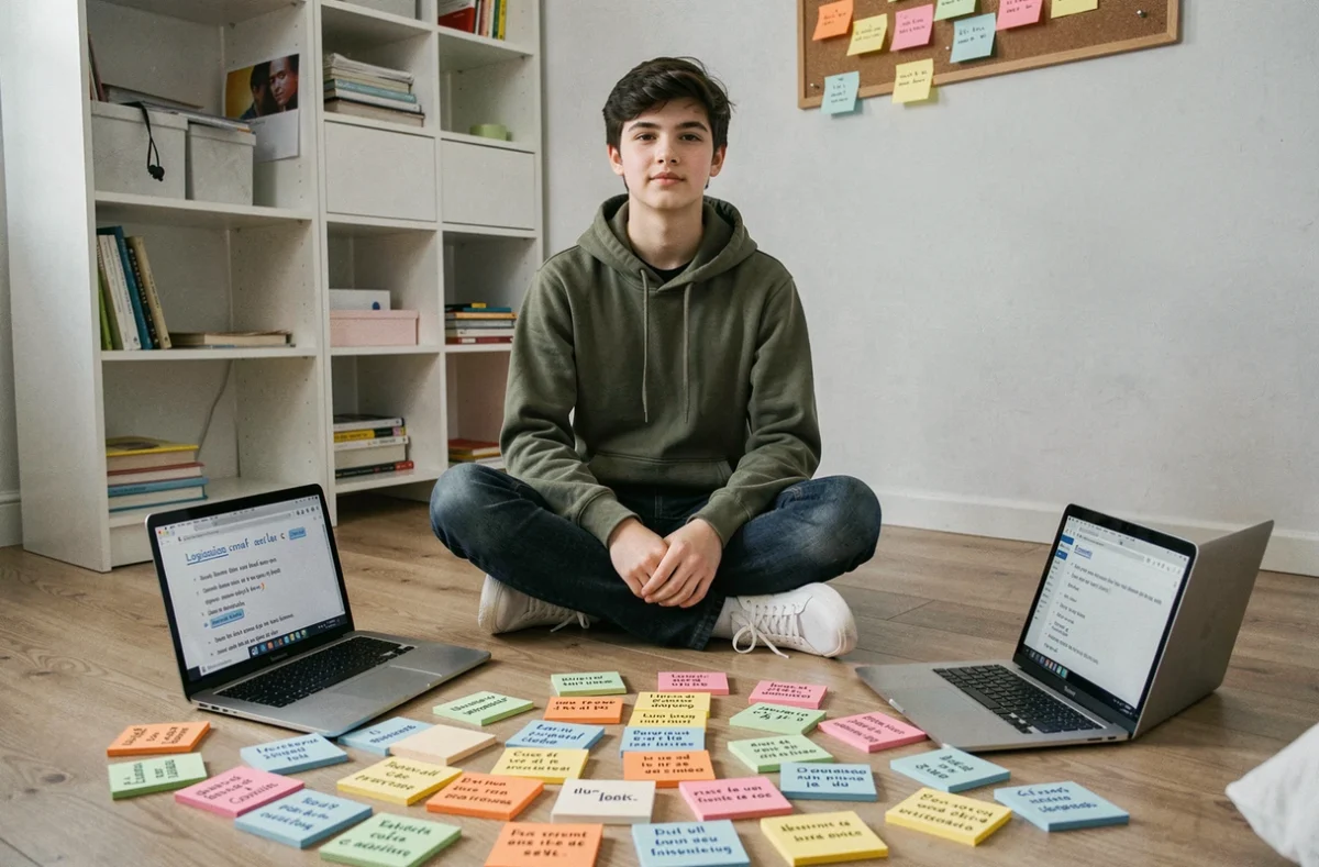 Lycéen révisant des fiches de connecteurs logiques colorées sur le sol de sa chambre