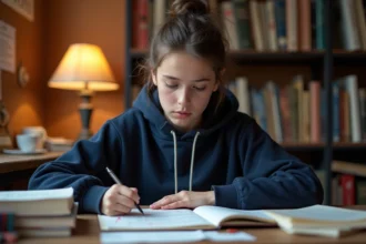 Lycéenne relisant son commentaire composé corrigé sur un bureau encombré de notes et de textes annotés pour le baccalauréat