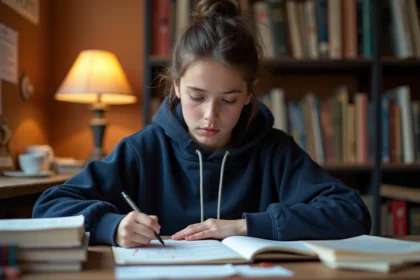 Lycéenne relisant son commentaire composé corrigé sur un bureau encombré de notes et de textes annotés pour le baccalauréat