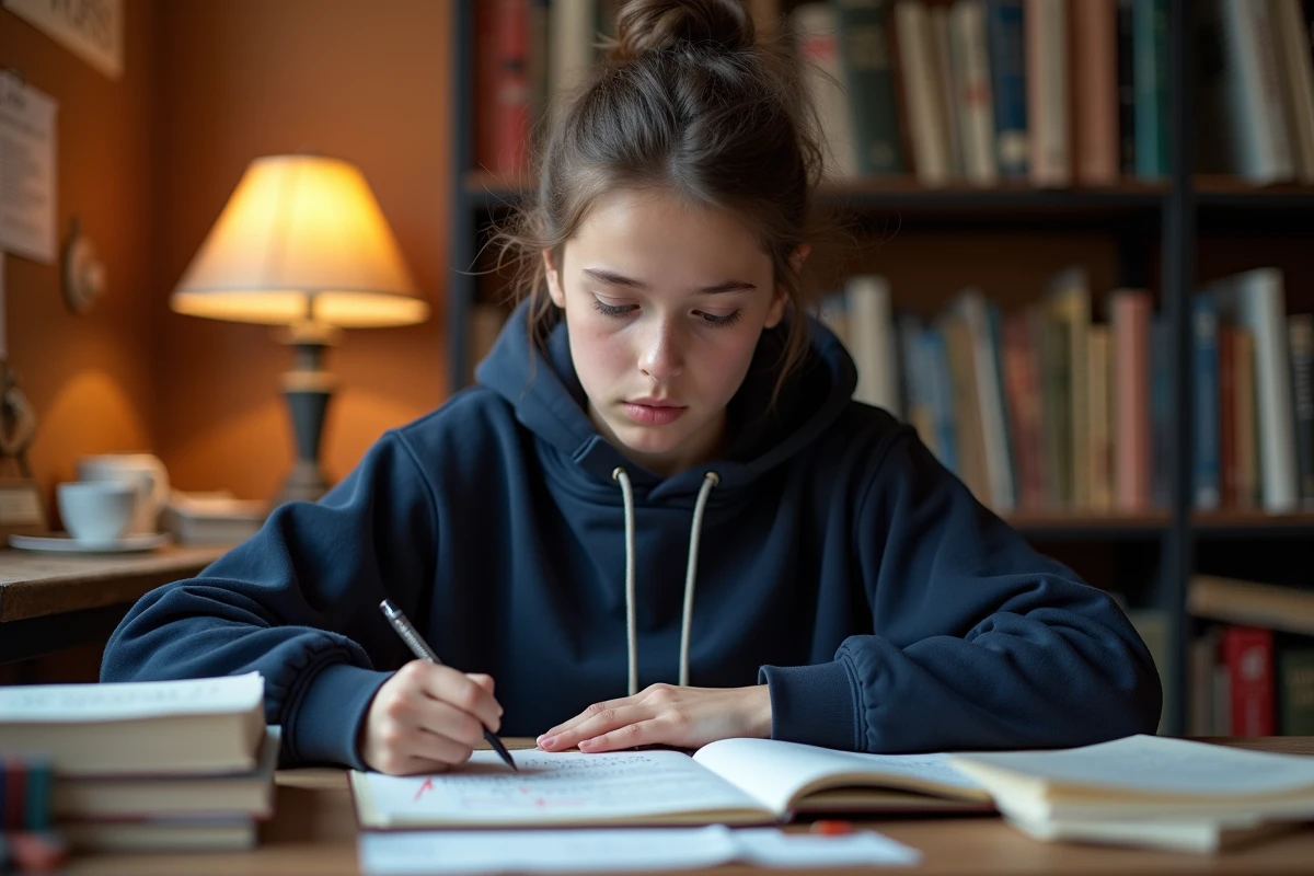 Lycéenne relisant son commentaire composé corrigé sur un bureau encombré de notes et de textes annotés pour le baccalauréat