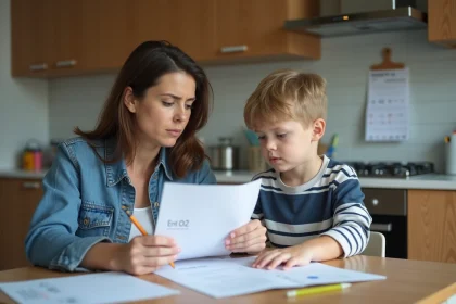 Maman et son enfant en cuisine lors d'une révision de documents
