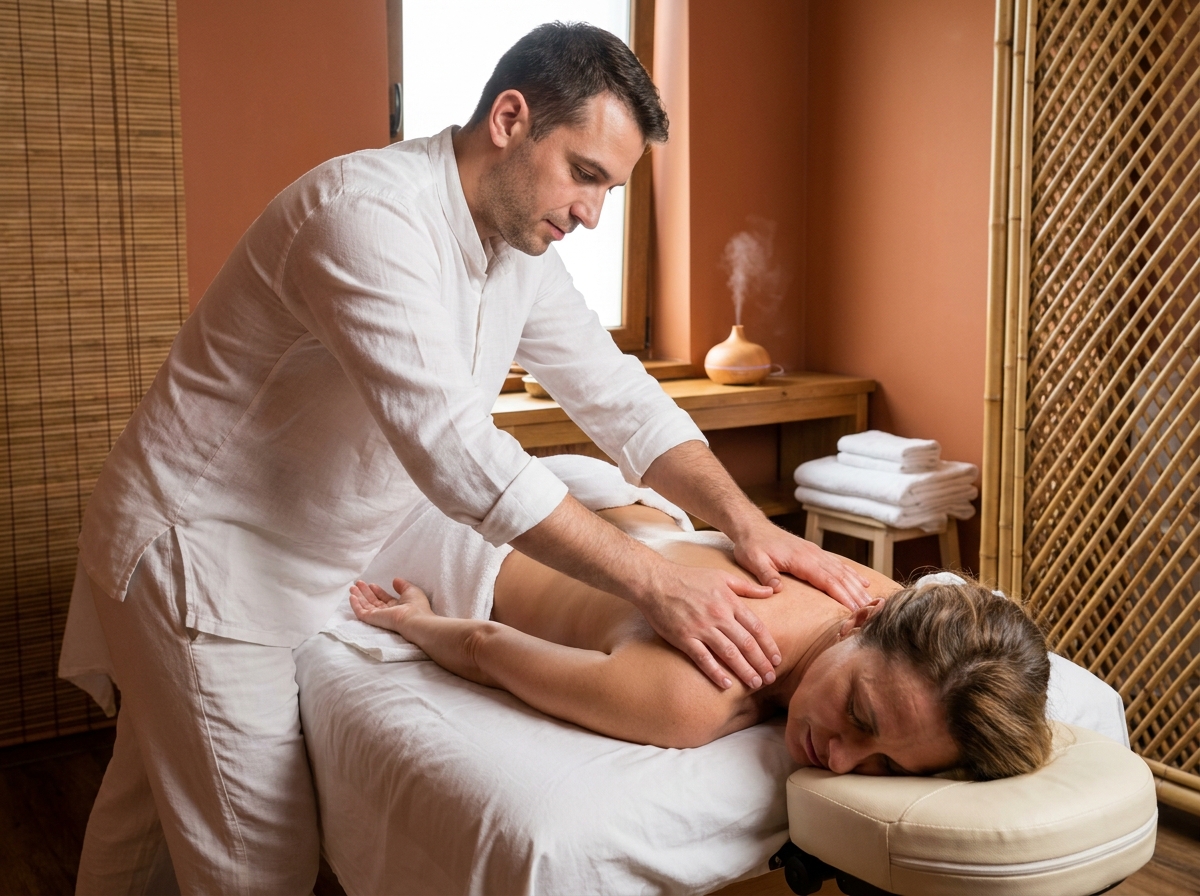 Masseur bien-être réalisant un massage du dos sur une patiente allongée dans un espace dédié au sein d'un établissement de soin
