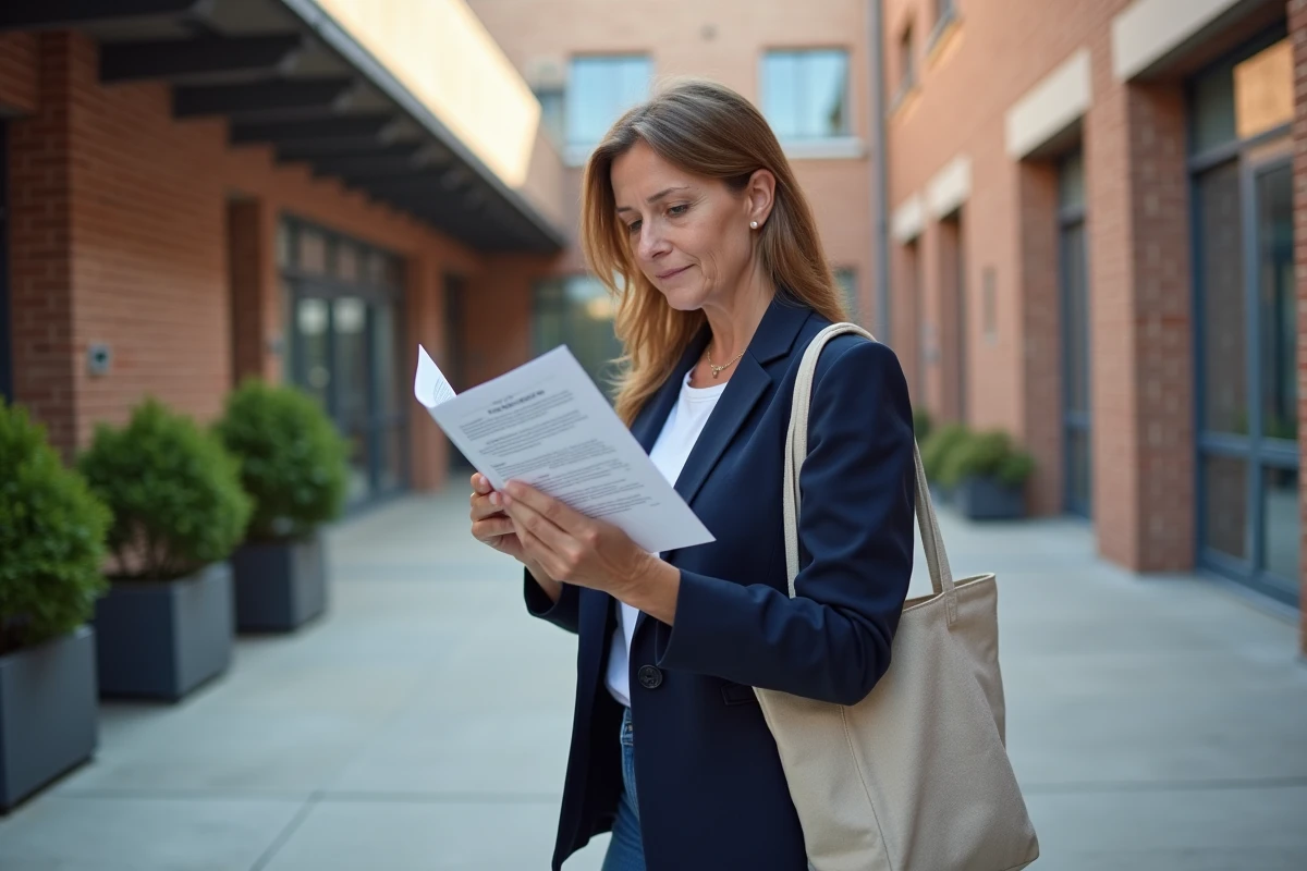 Mère de collégien consultant les informations pratiques de la rentrée devant l'entrée du collège Braque à Dieppe