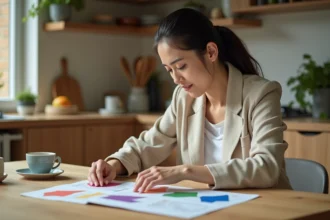 Mère de famille examinant des brochures de logos d'écoles primaires sur une table en bois, symboles colorés et formes géométriques visibles