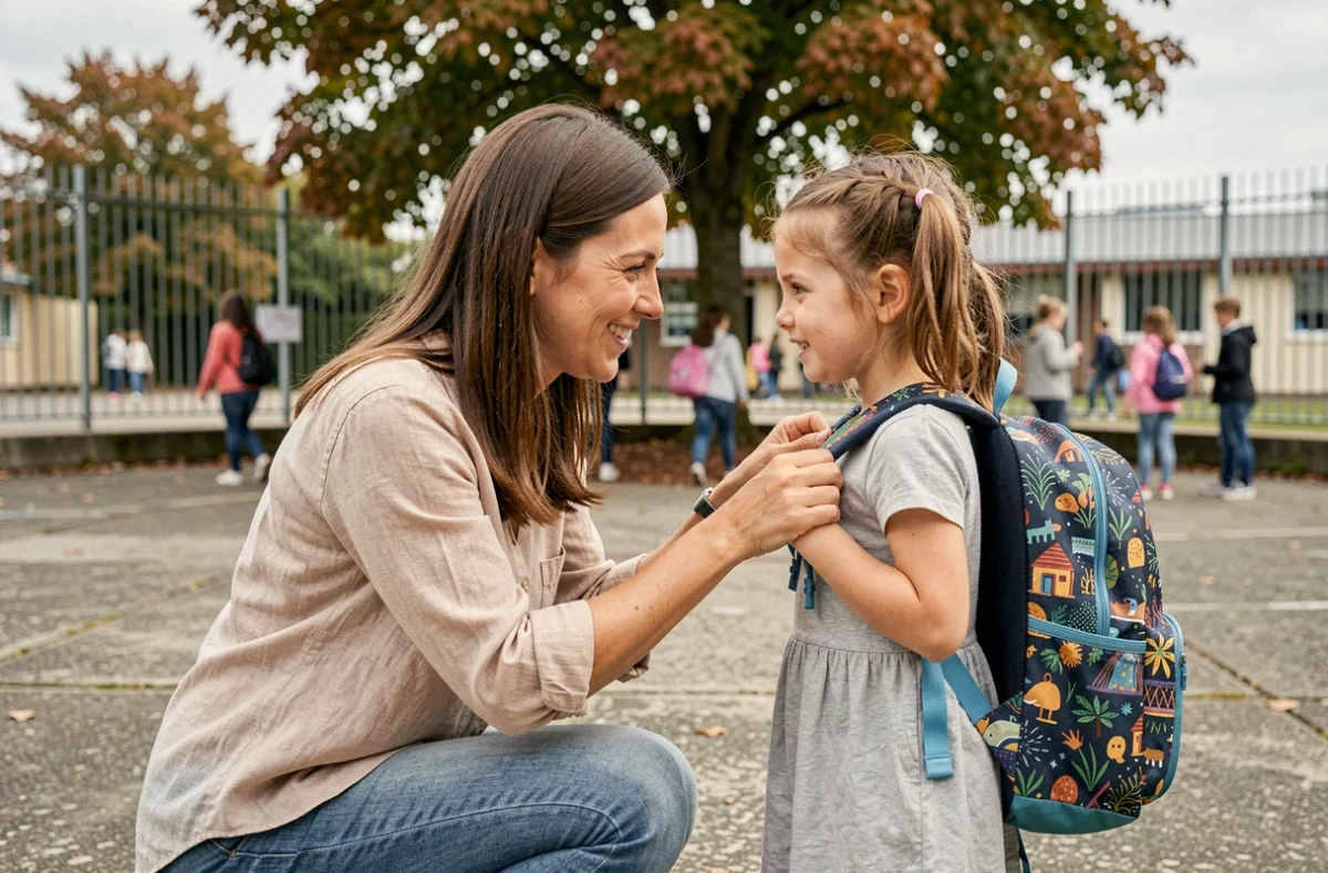 Mère ajustant le sac à dos de sa fille dans la cour d'école avant la première rentrée en classe