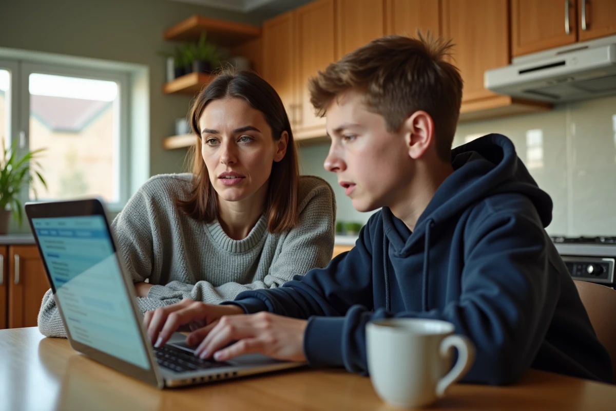 Une mère et son fils adolescent consultent ensemble le Cybercollège sur un ordinateur portable dans une cuisine moderne