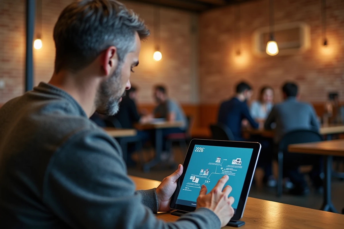 Homme consultant une feuille de route de mises à jour 2026 sur une tablette dans un espace de coworking moderne