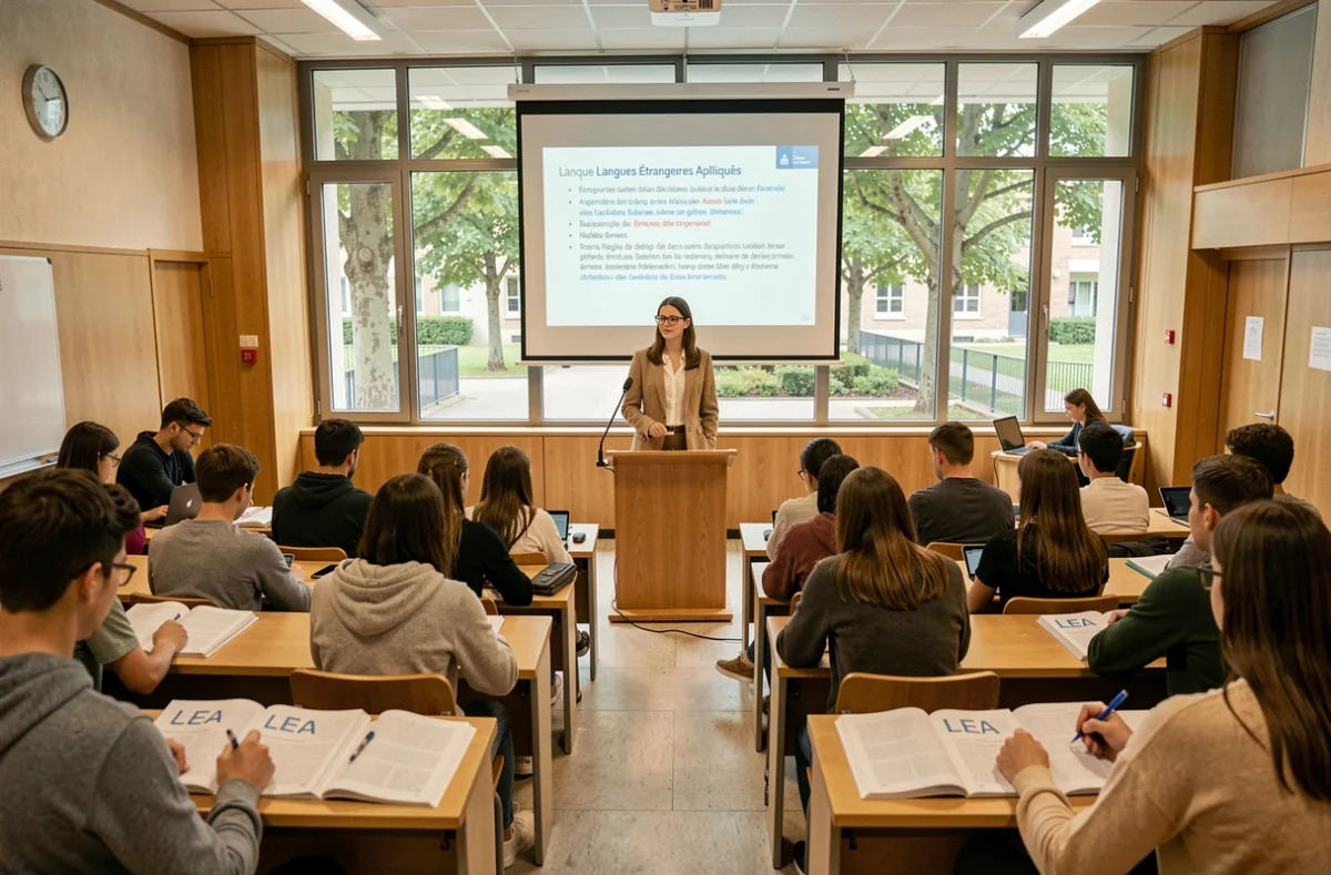 Cours de LEA — Langues Étrangères Appliquées — dans un amphithéâtre de Nantes Université avec une professeure au pupitre et des étudiants attentifs