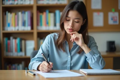 Jeune femme remplissant un questionnaire d'orientation professionnelle Onisep dans un bureau universitaire
