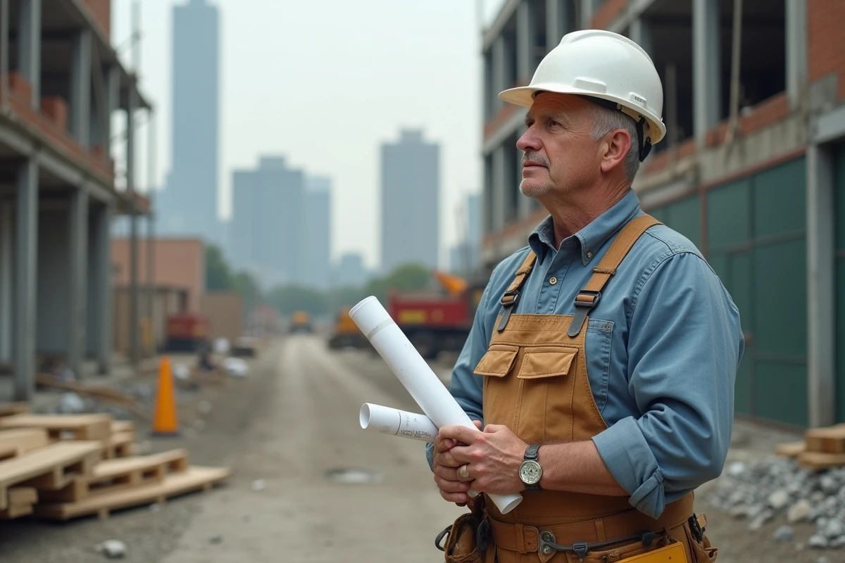 Ouvrier avec plans sur un chantier en urbanisation