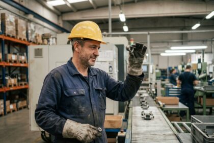 Homme d'usine en combinaison inspectant des pièces métalliques