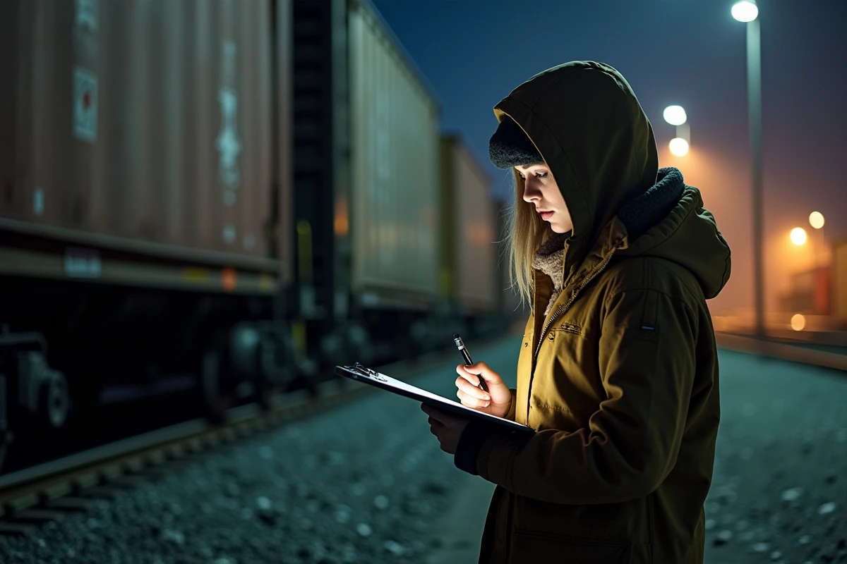 Jeune femme dans une gare de fret prenant des notes