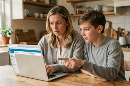 Une mère et son fils adolescent consultent ensemble le portail numérique scolaire Elcyo sur un ordinateur portable à la maison, illustrant la sécurité des données scolaires