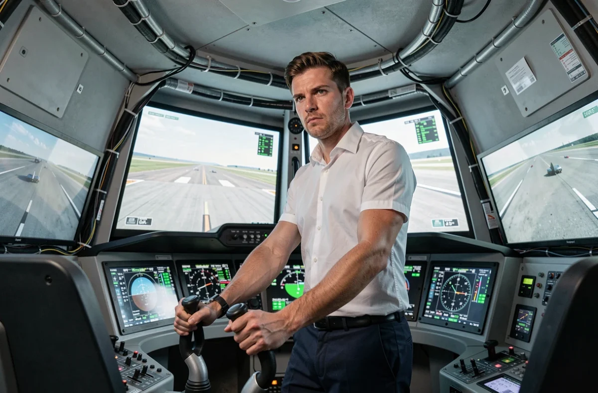 Pilote militaire en entraînement dans un simulateur de vol de chasse avec cockpit et instruments de bord