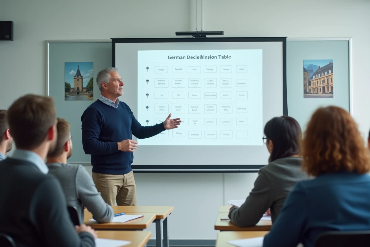 Professeur expliquant la declinaison allemande devant un tableau