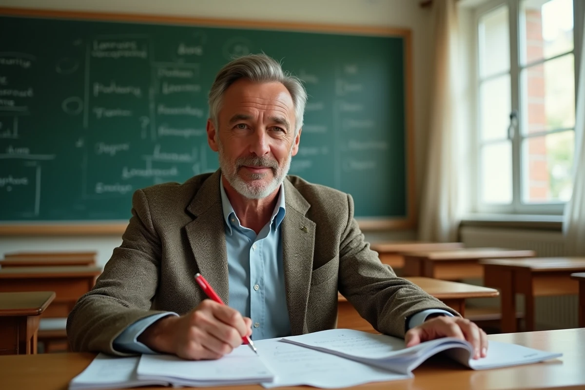 Professeur de français corrigeant des copies de commentaire composé au lycée avec annotations au stylo rouge