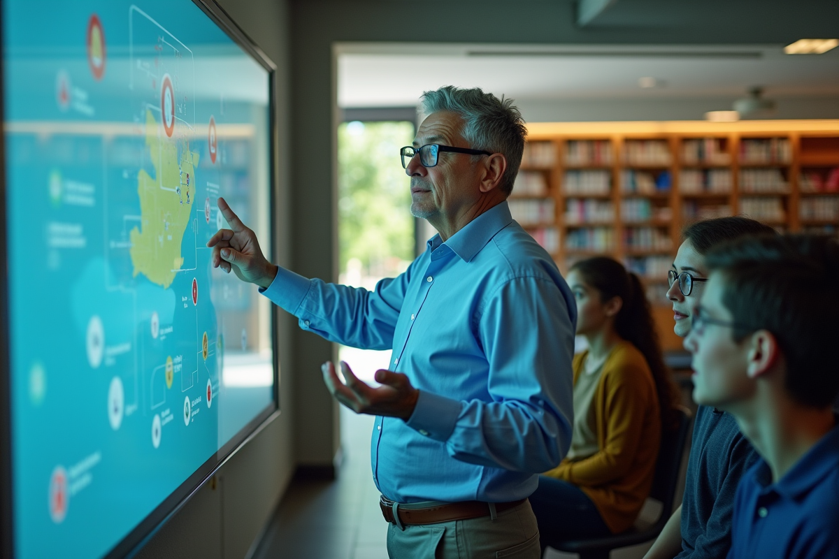 Professeur expliquant devant tableau interactif en classe