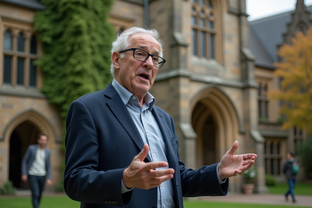 Professeur devant bâtiment universitaire avec étudiants internationaux