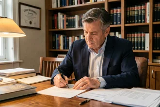 Professeur universitaire rédigeant une lettre de recommandation pour un étudiant dans son bureau académique