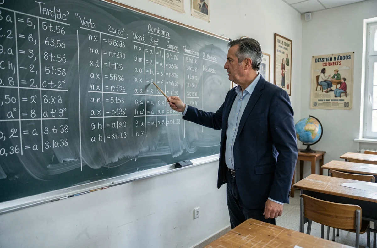 Professeur d'espagnol devant un tableau de conjugaison écrit à la craie dans une salle de classe traditionnelle