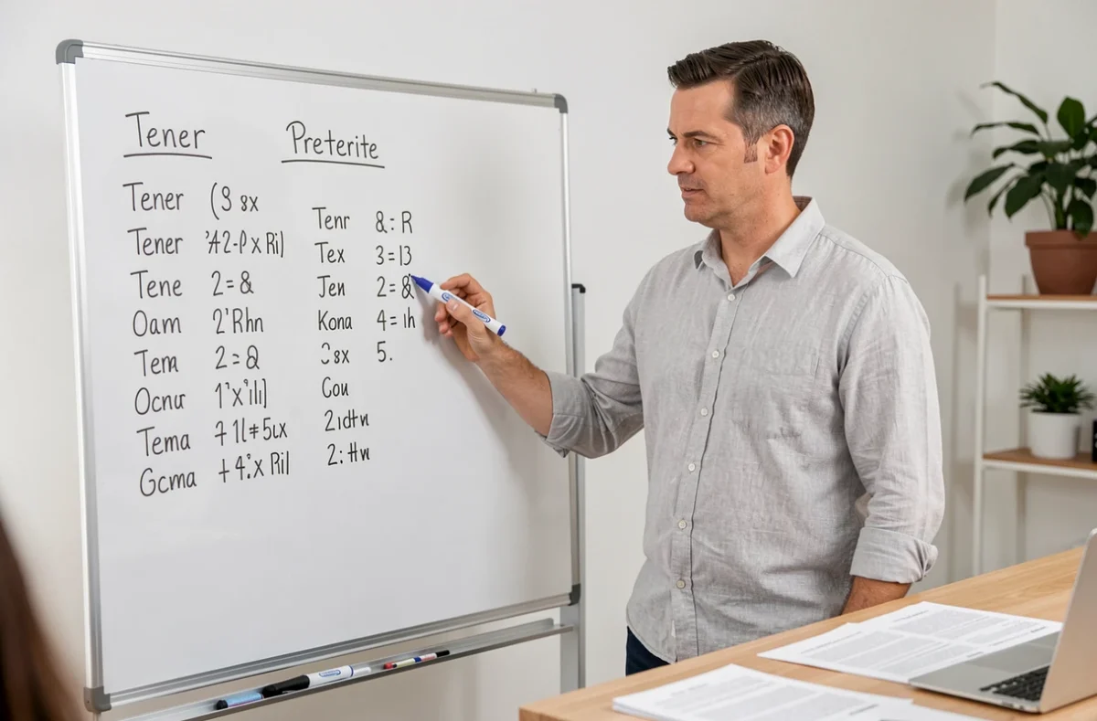 Professeur particulier expliquant la conjugaison du verbe tener au passé simple espagnol devant un tableau blanc