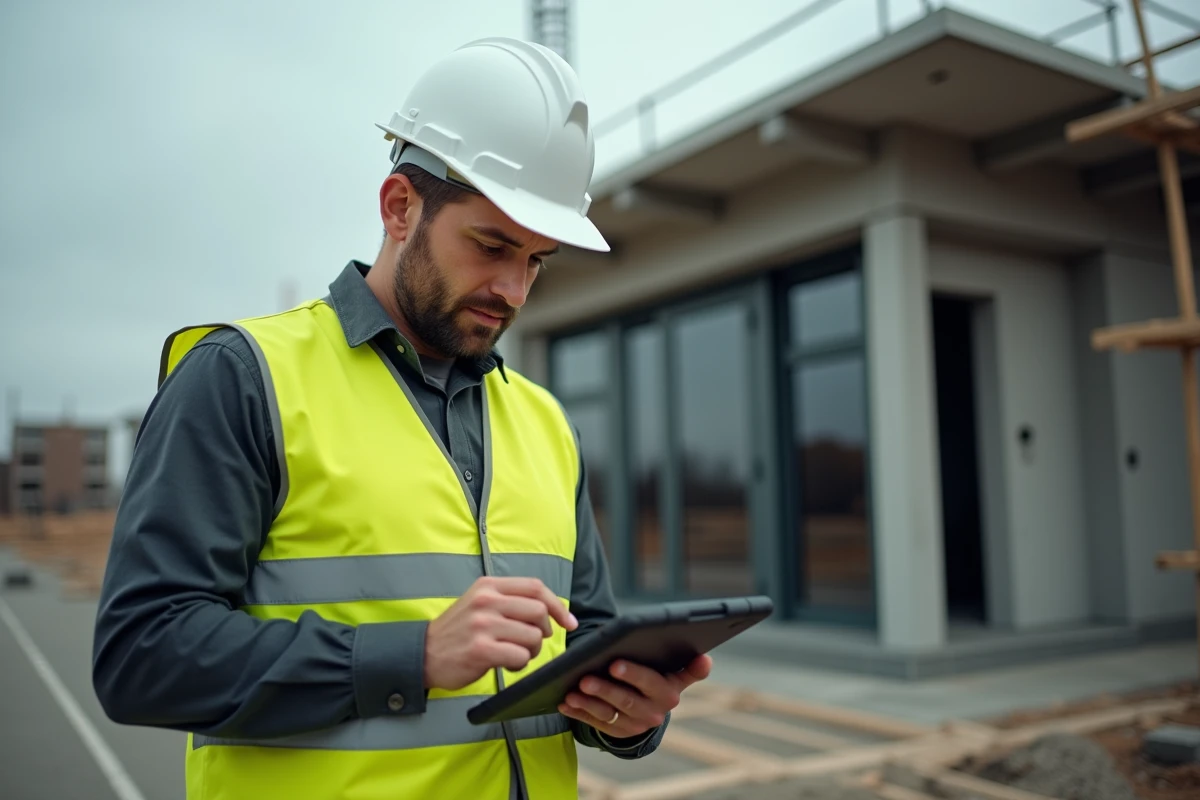 Professionnel du BTP consultant une checklist de certification sur tablette devant un chantier de construction