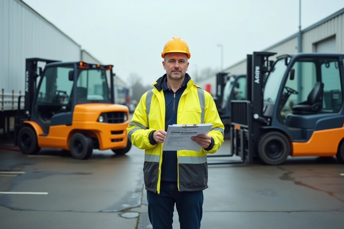Professionnel logistique tenant sa certification CACES entre deux chariots élévateurs dans un dépôt extérieur industriel
