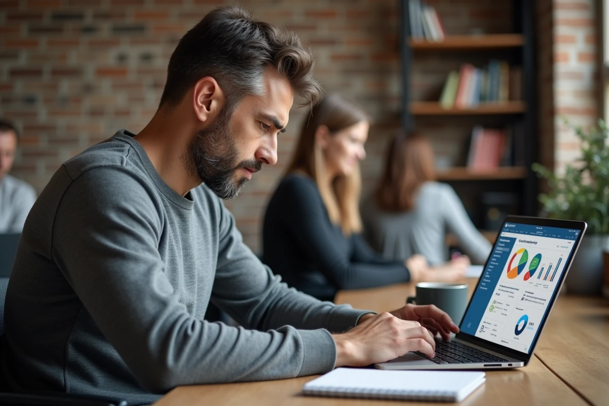 Professionnel en formation social selling travaillant sur une stratégie d'outbound LinkedIn depuis un espace de coworking moderne