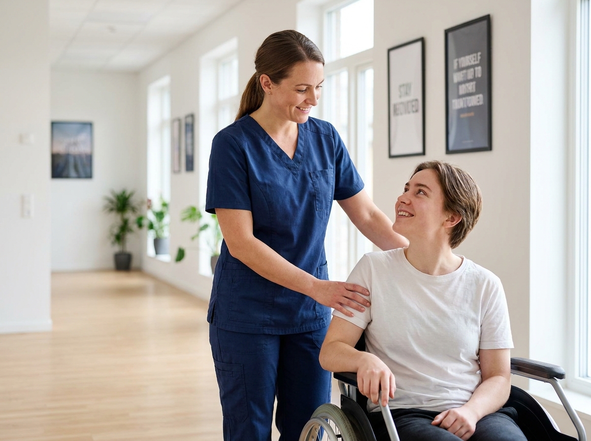 Professionnelle du handicap accompagnant une personne en fauteuil roulant dans un centre de rééducation