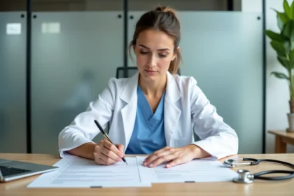 Professionnelle de santé suisse révisant son CV médical sur un bureau en bois dans un cabinet moderne