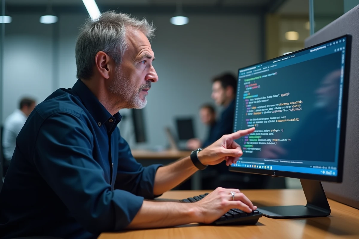 Homme en bureau ouvert consultant un guide de raccourcis clavier pour insérer la lettre ñ espagnole sur son ordinateur