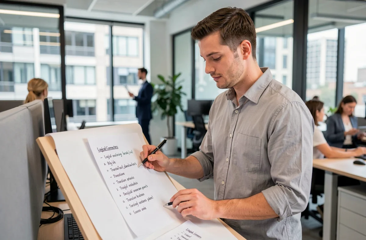 Rédacteur professionnel annotant un document avec des connecteurs logiques dans un bureau moderne