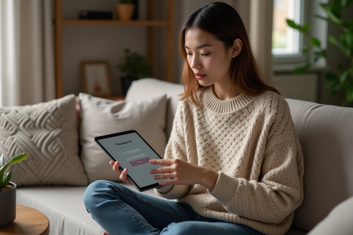 Jeune femme chez elle sur sa tablette en train de réinitialiser son mot de passe pour accéder à MyCampus Eduservices