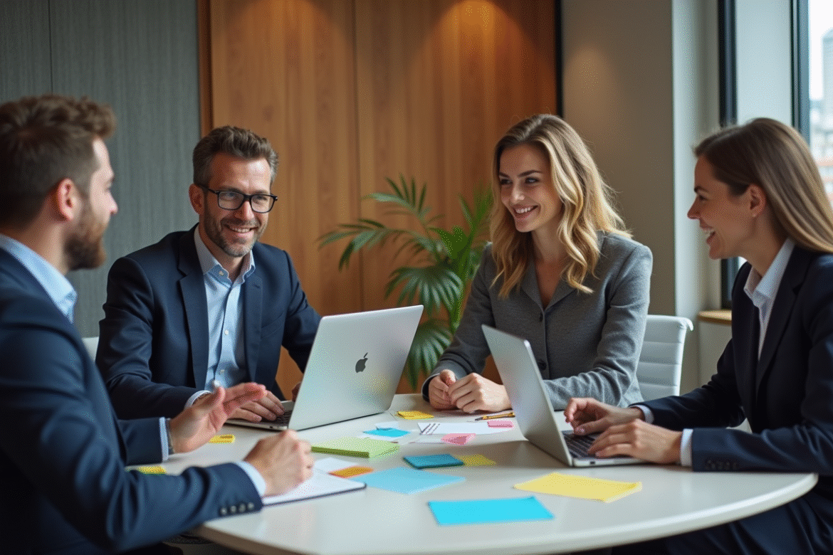 Quatre professionnels en réunion dans un bureau moderne