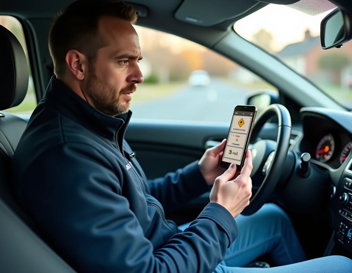 Homme révisant les questions du code de la route sur une application mobile dans une voiture garée