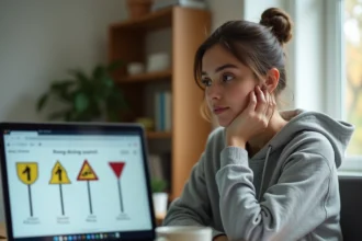 Jeune femme révisant le code de la route en ligne sur un ordinateur portable à son bureau à domicile
