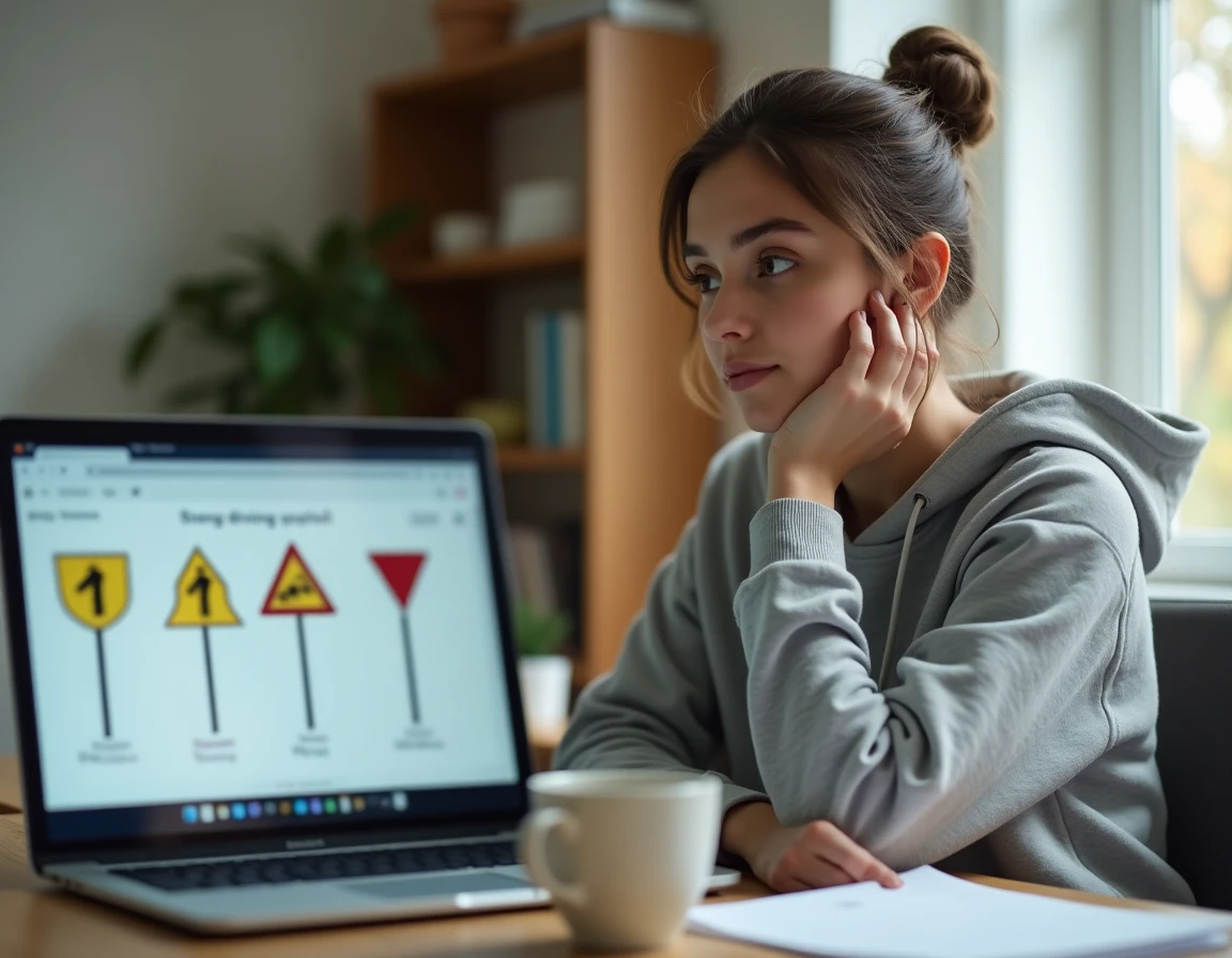 Jeune femme révisant le code de la route en ligne sur un ordinateur portable à son bureau à domicile