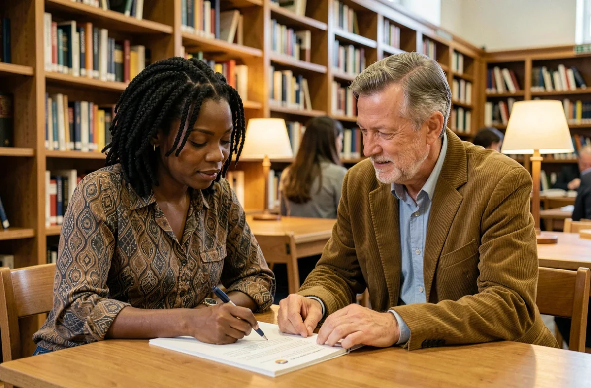 Femme africaine révisant les 200 questions de naturalisation avec un tuteur bénévole dans une bibliothèque française