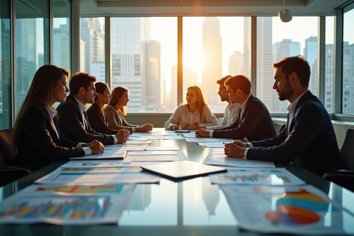Salle de réunion moderne avec professionnels analysant des graphiques financiers