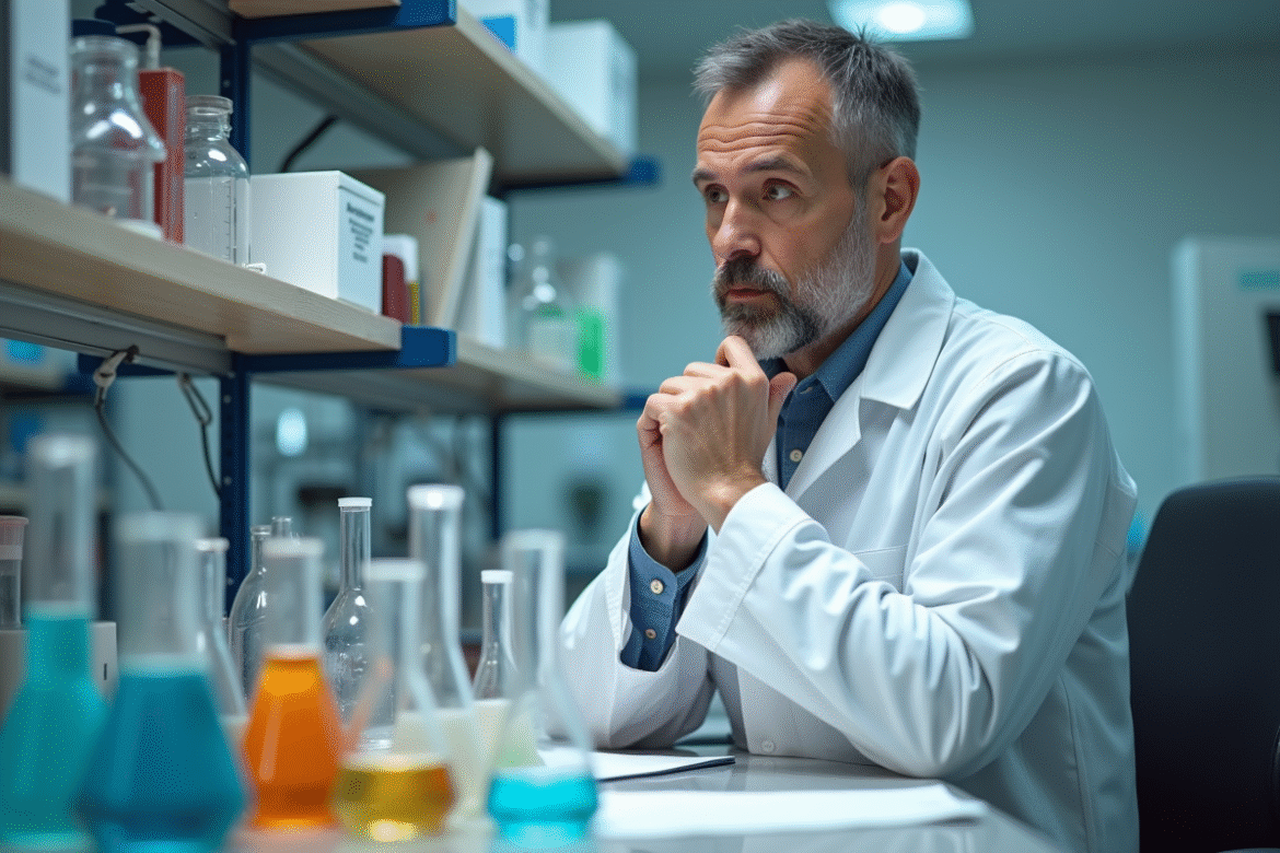 Scientifique en laboratoire observant des verres colorés