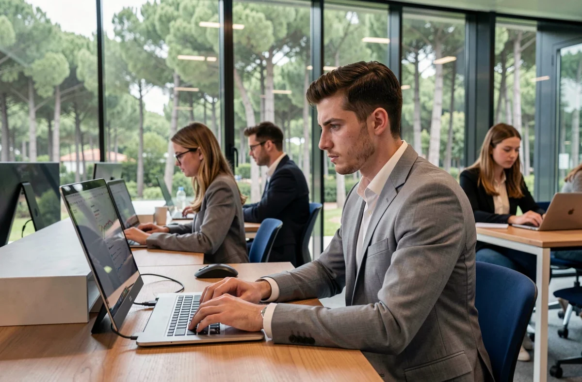 Étudiant de SKEMA Business School travaillant sur ordinateur dans un espace de travail moderne à Sophia Antipolis entouré de forêt provençale