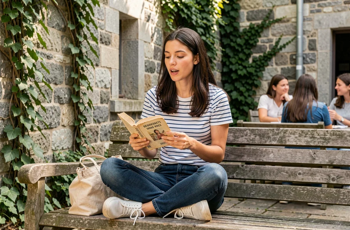 Étudiante pratiquant le breton en plein air dans la cour d'un bâtiment traditionnel en granit à Sten Kidna, Pays d'Auray