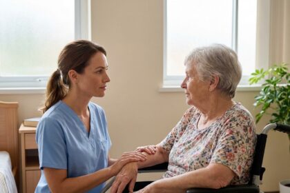 Soignante effectuant un toucher relationnel sur la main d'une patiente âgée en fauteuil roulant dans un espace de soin