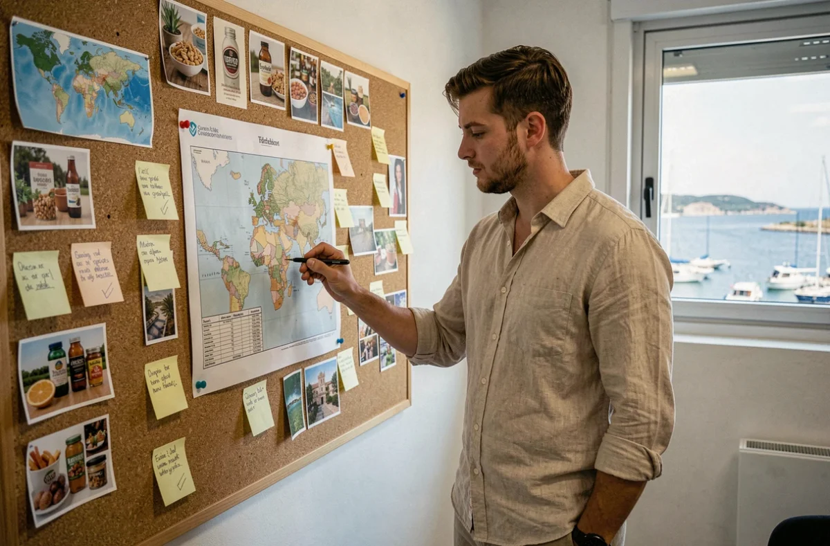 Étudiant de l'Université de Toulon en Master Commerce International Équitable et Développement analysant une carte commerciale dans un bureau de séminaire avec vue sur le port